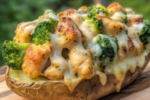 Baked Potato Filled with Tender Chicken, Fresh Broccoli, and Melted Cheese Delight