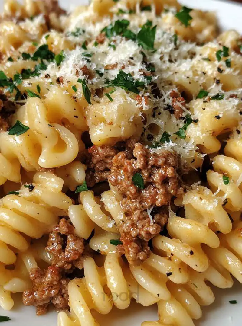 Beef and Rotini in Garlic Parmesan Sauce