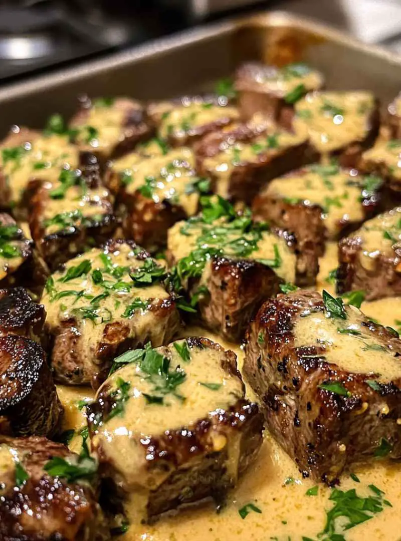 Garlic Butter Steak Bites with Parmesan Cream Sauce