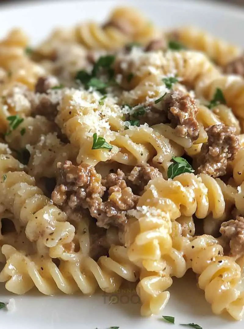 Beef and Rotini in Garlic Parmesan Sauce