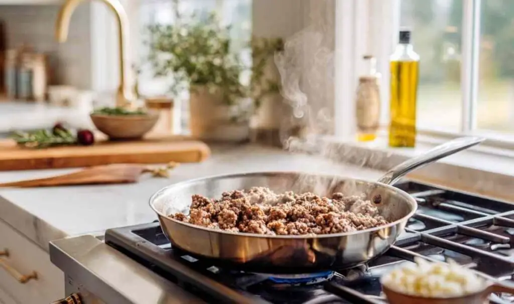 Ground beef browning in skillet with garlic for rotini pasta dish