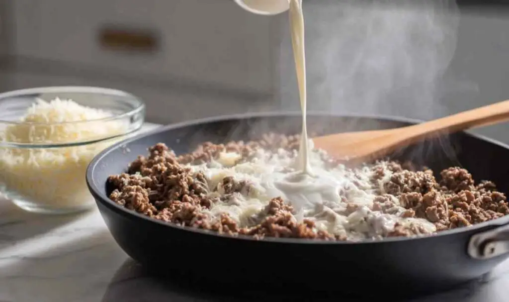 Rotini pasta, ground beef, parmesan cheese and cream ingredients for garlic