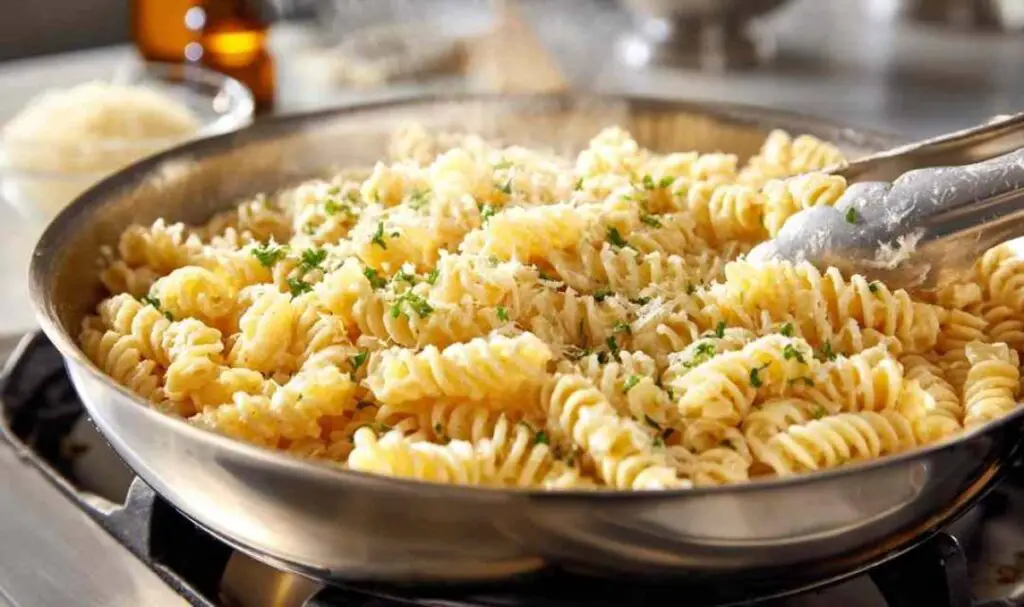 Beef and rotini in garlic parmesan sauce served in white bowl with fresh parsley garnish