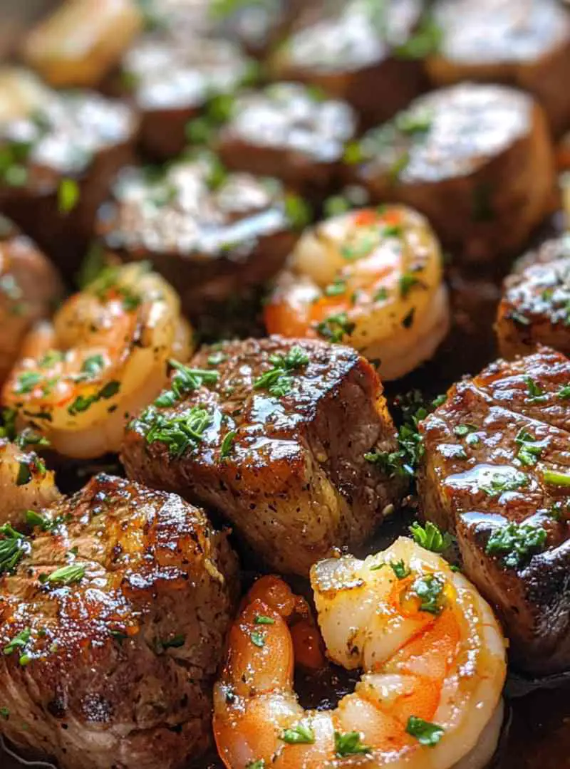 savory steak bites and shrimp in garlic butter soy glaze