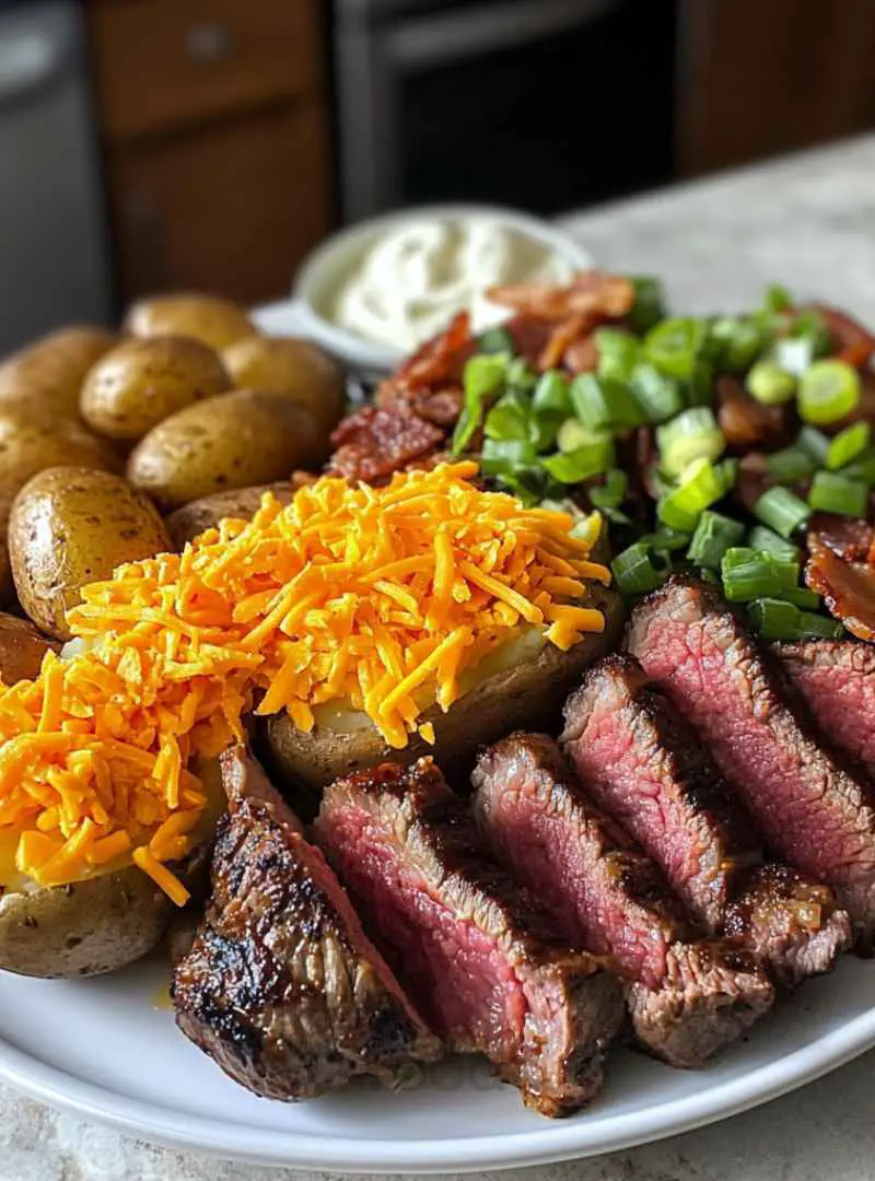 Steak Bites on Loaded Baked Potatoes