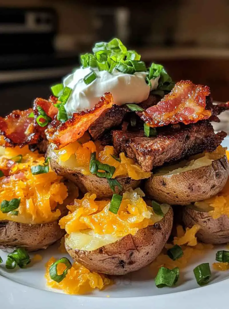 Steak Bites on Loaded Baked Potatoes