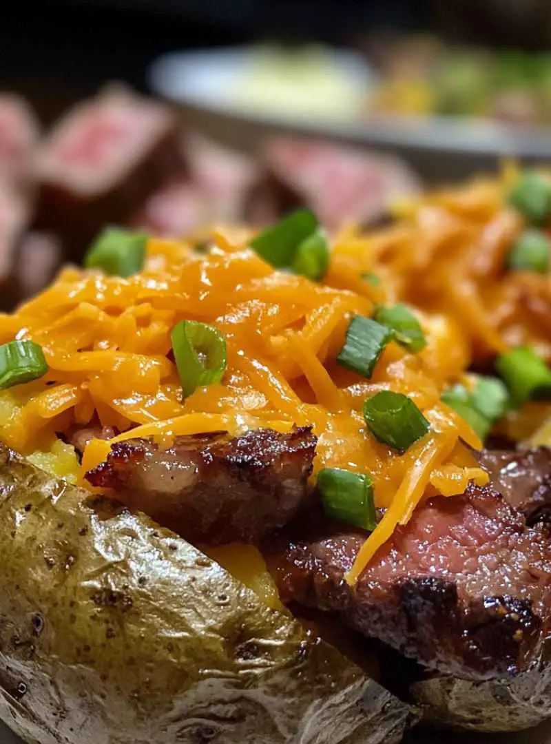 Steak Bites on Loaded Baked Potatoes