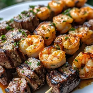 Steak and Shrimp Skewers with Garlic Butter Sauce