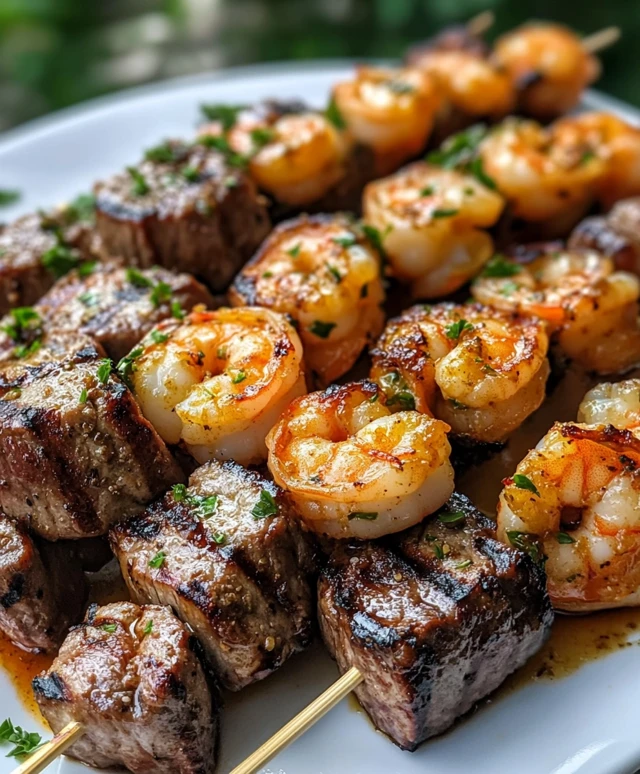 Steak and Shrimp Skewers with Garlic Butter Sauce