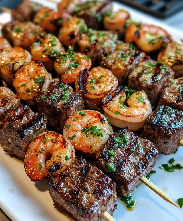 Steak and Shrimp Skewers with Garlic Butter Sauce