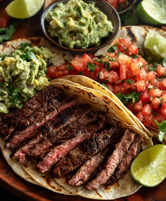 Carne Asada Tacos with Fresh Salsa and Guacamole