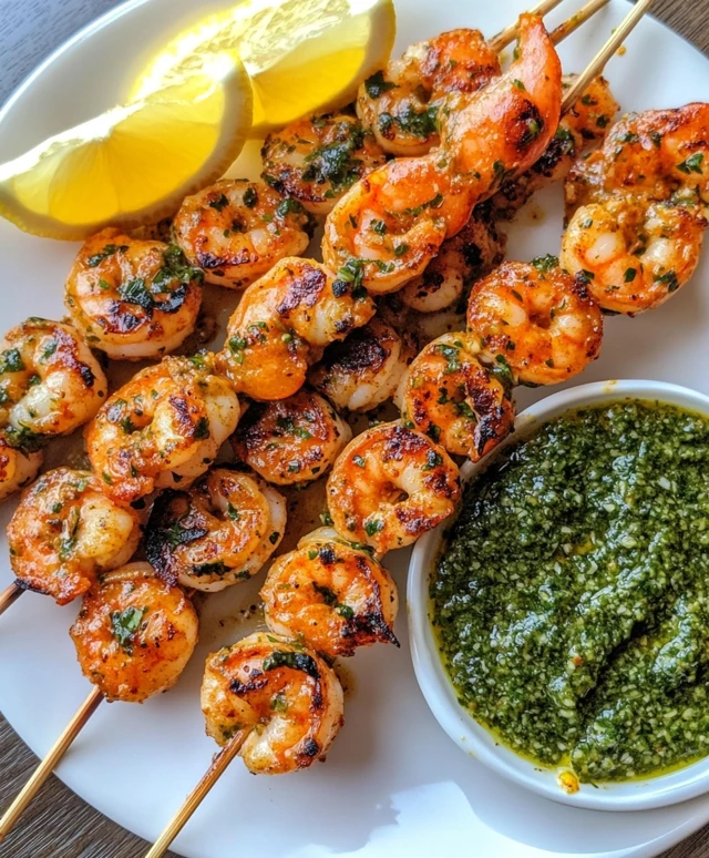 Grilled Shrimp Skewers with Spicy Chimichurri Sauce