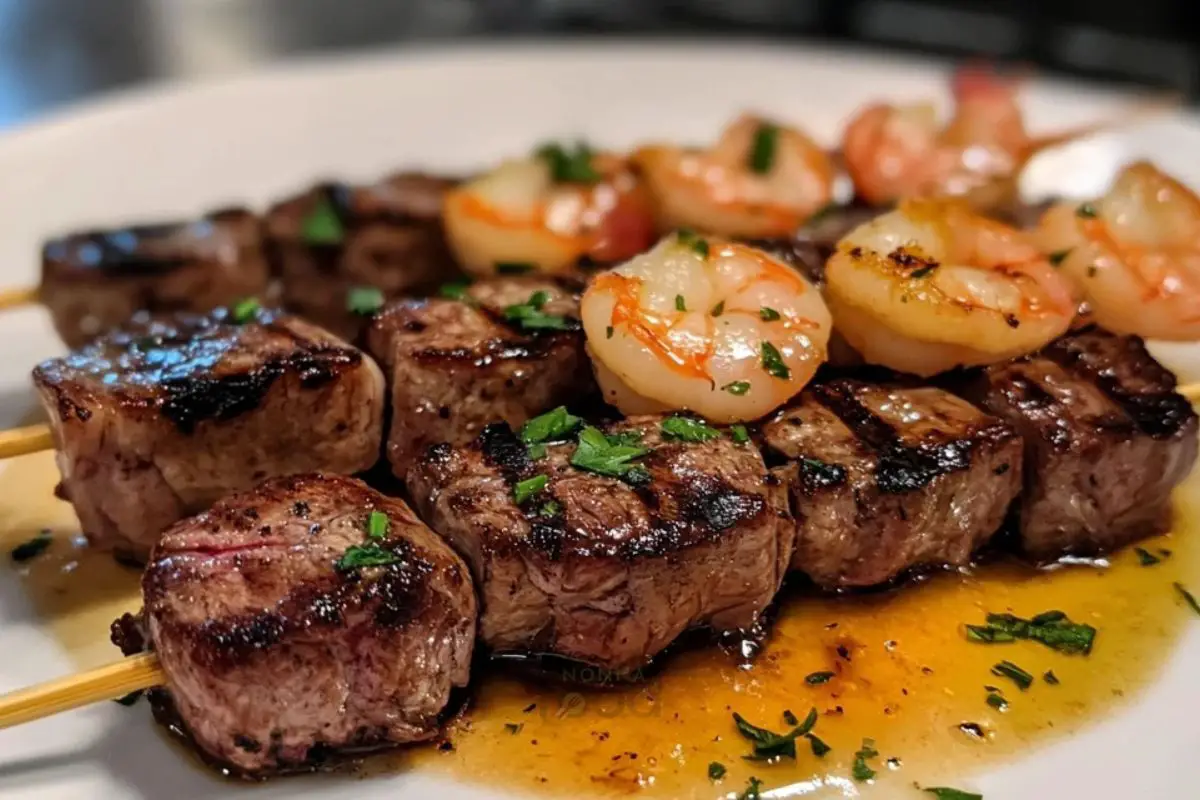 Steak and Shrimp Skewers with Garlic Butter Sauce