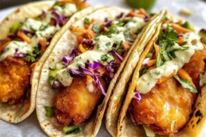 Crispy Baja Fish Tacos with Lime Crema and Cabbage Slaw