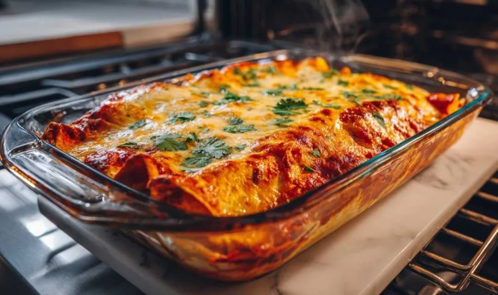 Glass baking dish of chicken enchiladas fresh from oven with bubbling melted cheese and cilantro garnish on oven rack