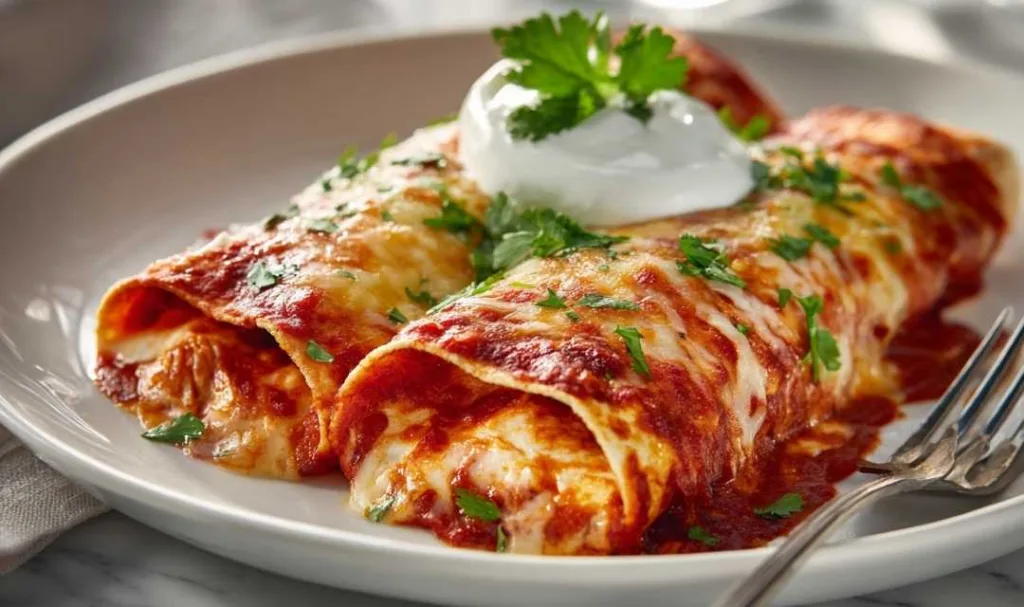 Two chicken enchiladas plated on white dish with melted cheese, red sauce, sour cream dollop and fresh cilantro garnish
