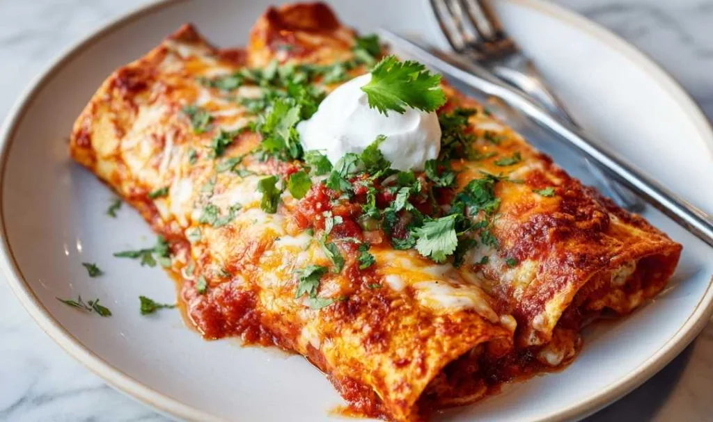 Single serving of chicken enchiladas on white plate with fork, topped with melted cheese, enchilada sauce, cilantro and sour cream