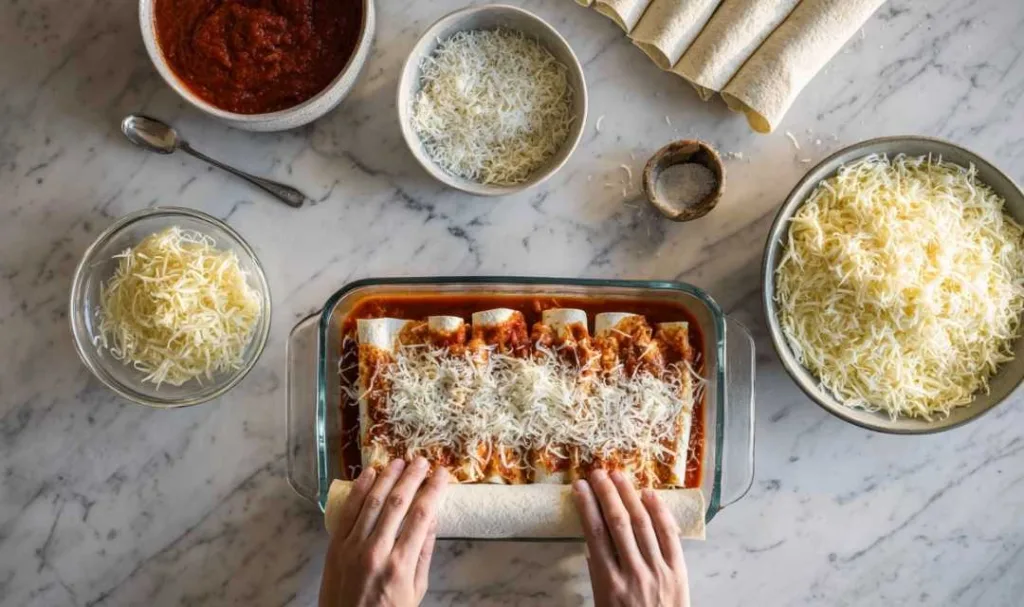Hands assembling rolled chicken enchiladas in glass baking dish with red sauce, bowls of shredded cheese and extra tortillas on marble counter