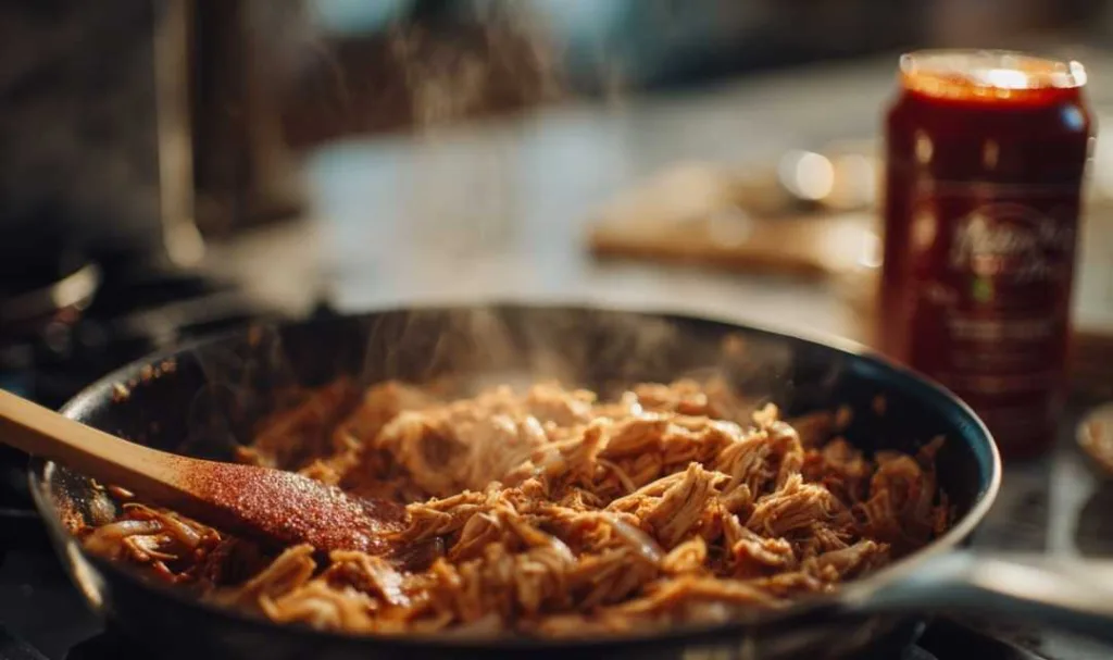 Shredded chicken cooking in dark skillet with wooden spoon, seasoned with spices, jar of enchilada sauce in background
