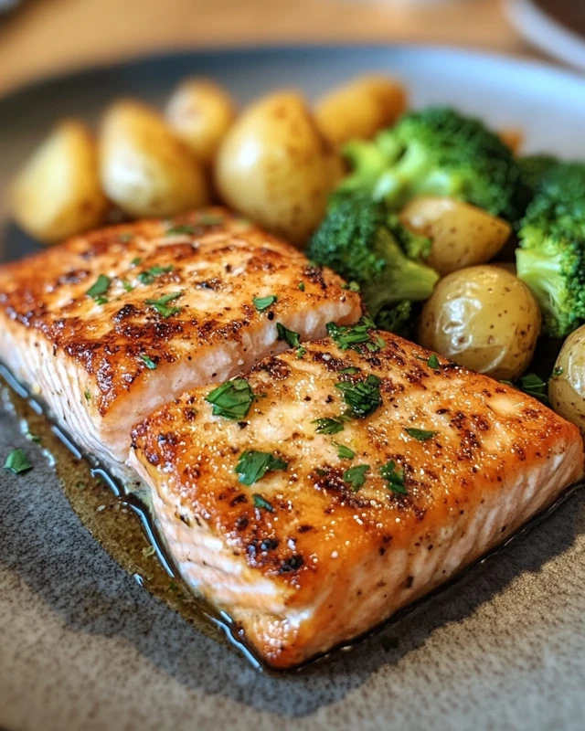 Lemon Butter Salmon with Crispy Potatoes and Broccoli