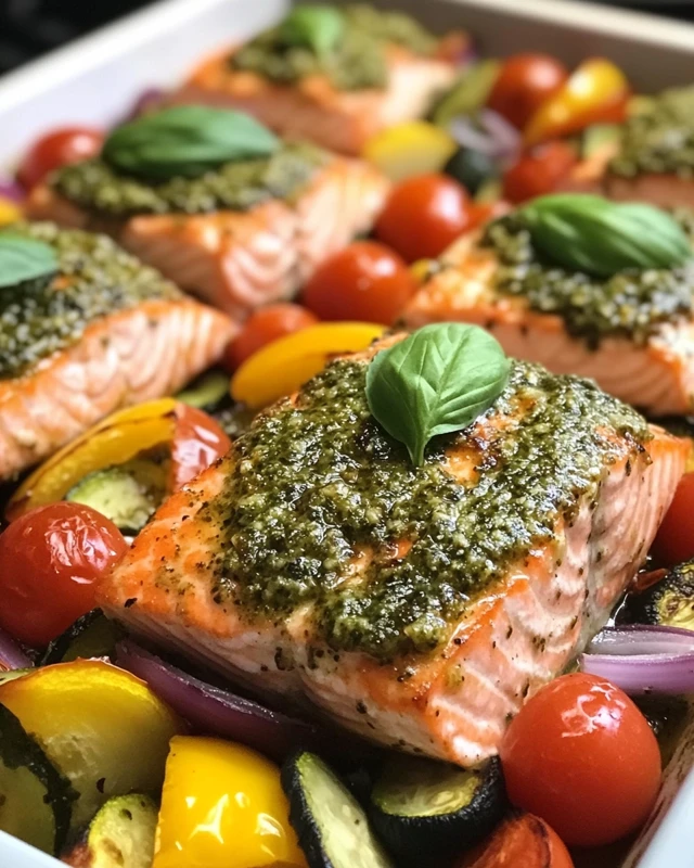 Baked Salmon with Pesto and Vegetables