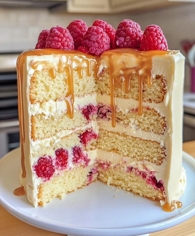 White Chocolate Raspberry Cake with Caramel Drizzle