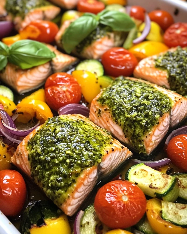 Baked Salmon with Pesto and Vegetables