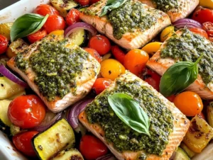 Baked Salmon with Pesto and Vegetables