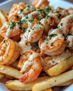 Cajun Shrimp Alfredo Fries with a Parmesan Garlic Drizzle