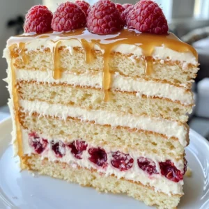 White Chocolate Raspberry Cake with Caramel Drizzle