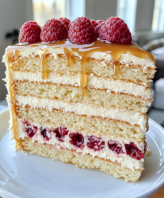 White Chocolate Raspberry Cake with Caramel Drizzle