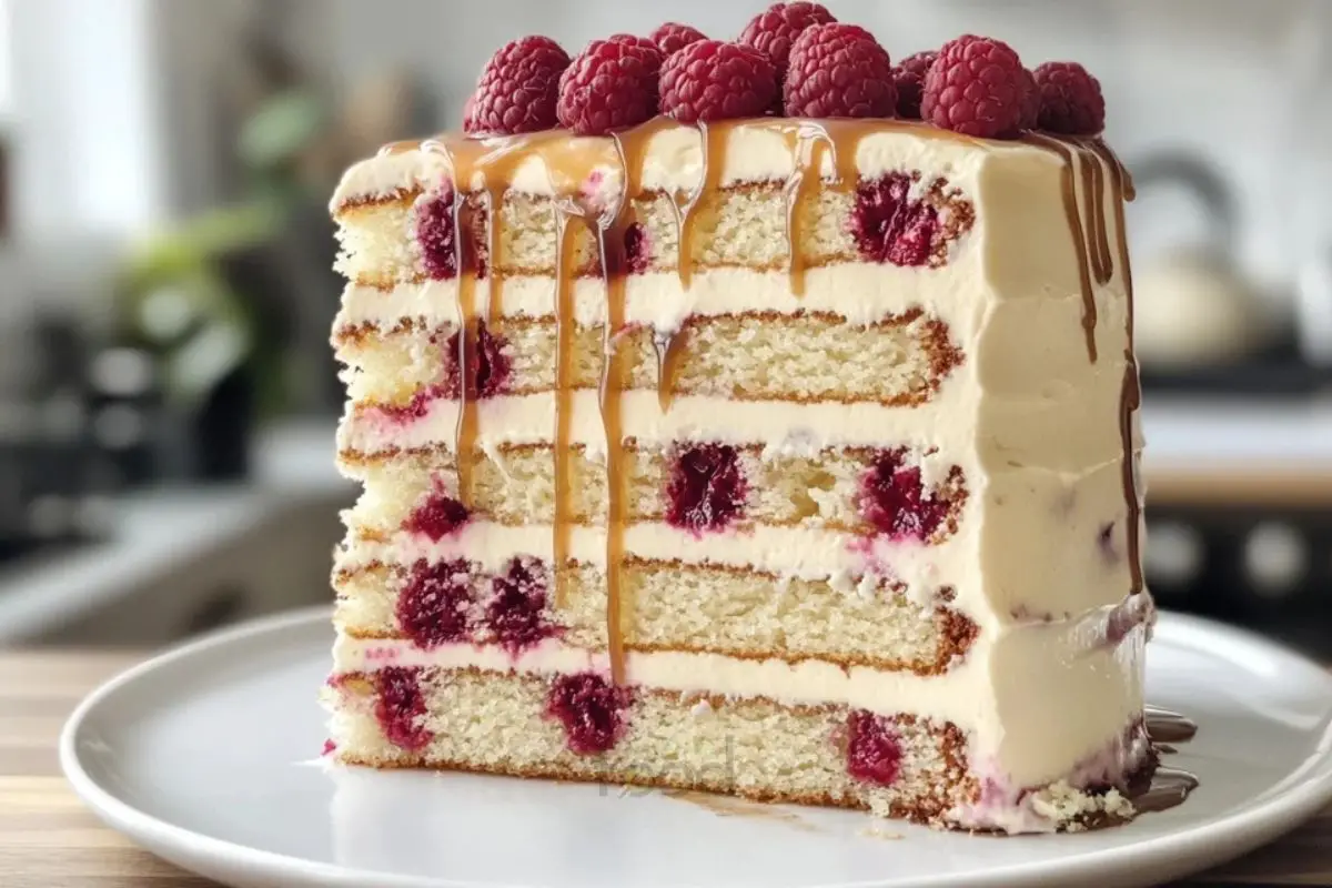 White Chocolate Raspberry Cake with Caramel Drizzle