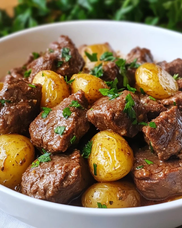 High-Protein Slow Cooker Garlic Butter Beef Bites & Potatoes!