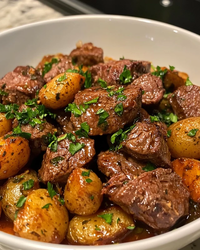 High-Protein Slow Cooker Garlic Butter Beef Bites & Potatoes!