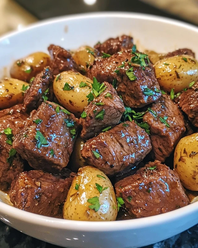High-Protein Slow Cooker Garlic Butter Beef Bites & Potatoes!