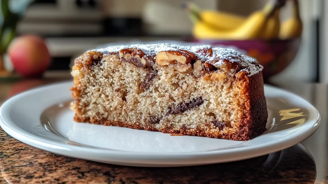 Freshly baked banana pecan cake with moist crumb and crunchy nuts