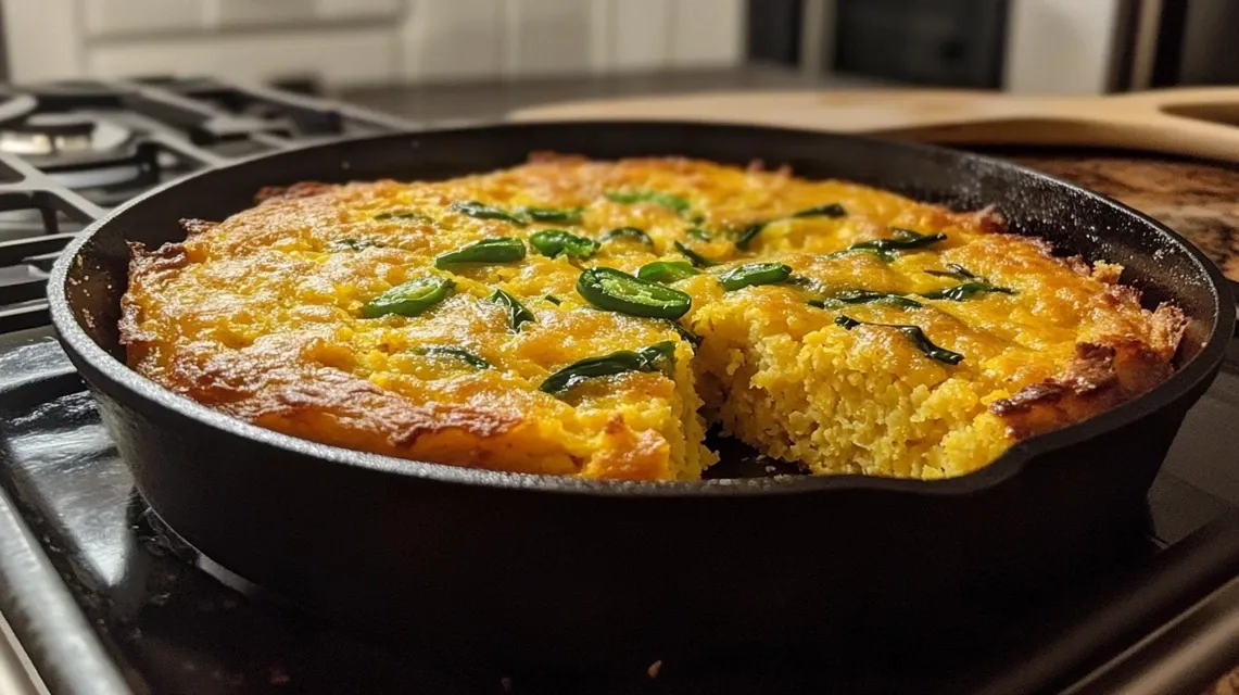 Fresh-baked jalapeño cornbread with lime honey glaze in cast iron skillet