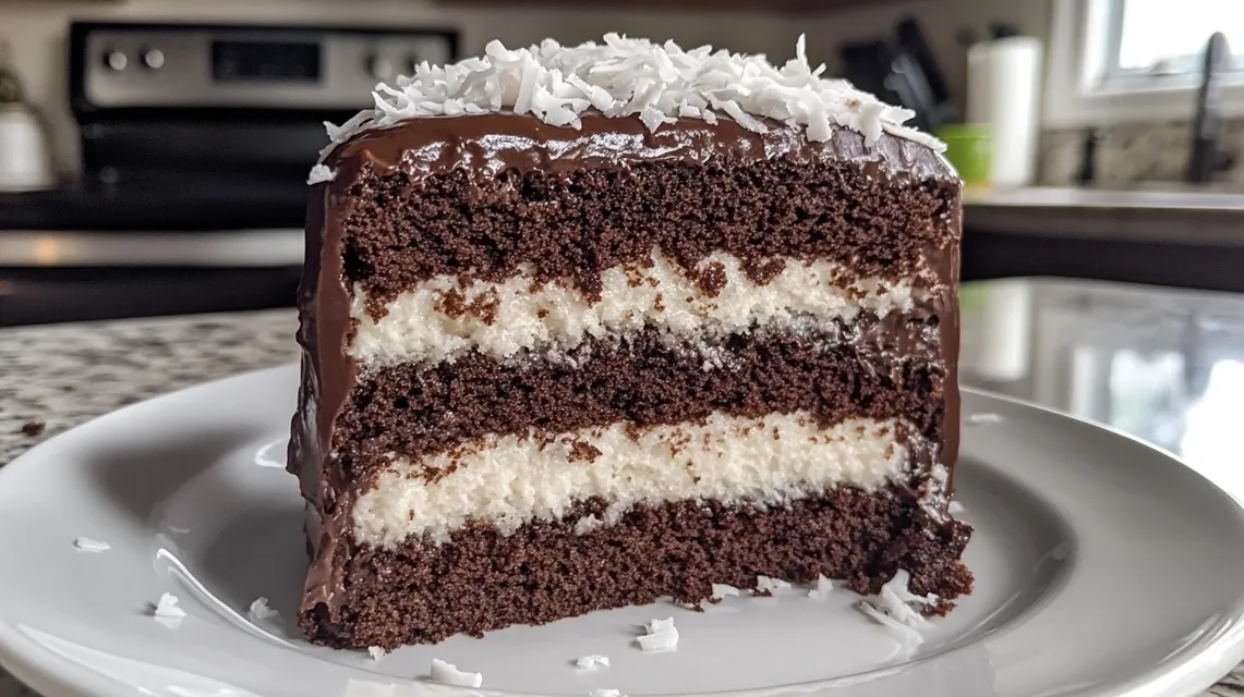 Chocolate Mounds Cake with coconut filling on white cake stand