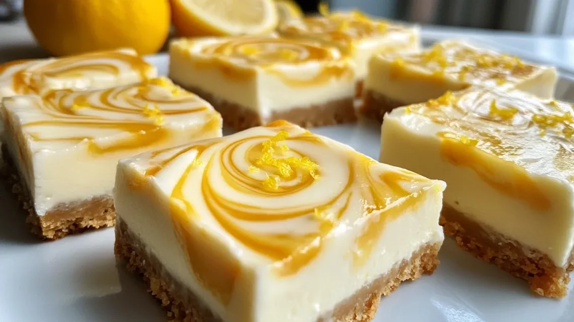 Sliced lemon marbled cheesecake bars showing swirl pattern