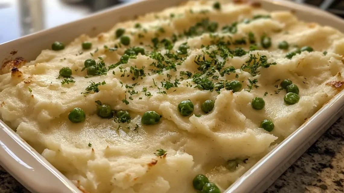 Creamy mashed potatoes with bright green peas in a white serving dish
