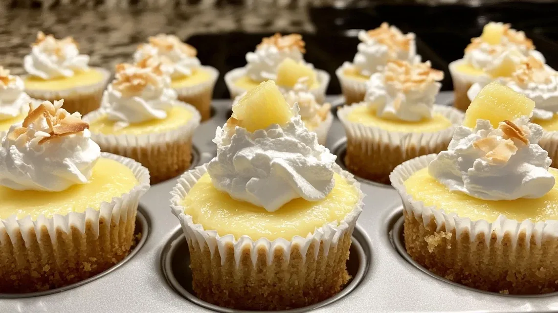 Homemade pineapple coconut cheesecake minis topped with whipped cream and toasted coconut flakes