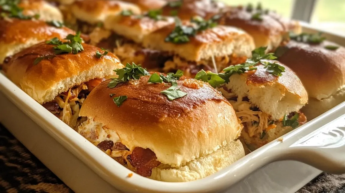 Freshly baked chicken bacon ranch sliders on a serving platter