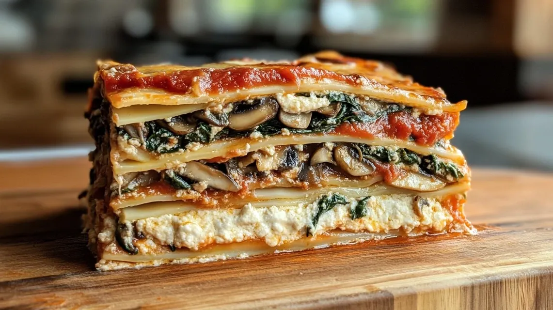 Baked chicken mushroom spinach lasagna with golden cheese topping