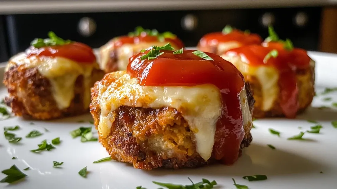 Cheesy Stuffed Meatloaf Bites with melting mozzarella centers on a serving platter