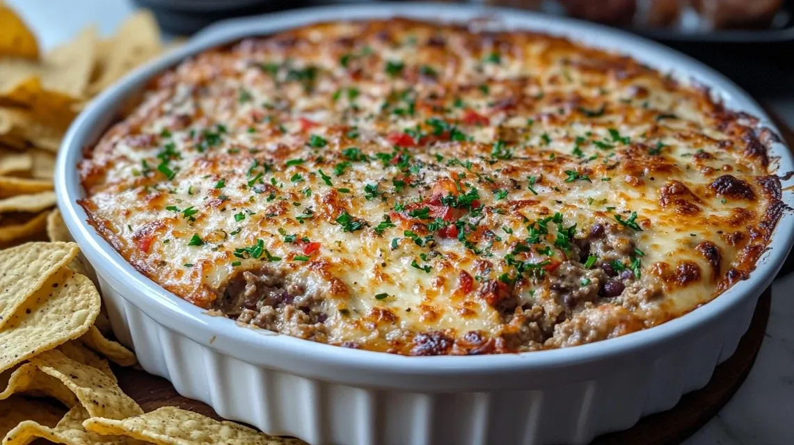 Bubbling hot Meaty Texas Trash Dip topped with melted cheese in a ceramic baking dish