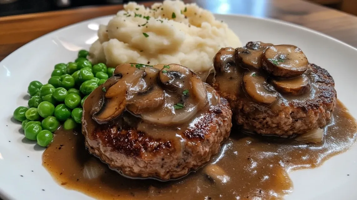 Homemade Salisbury steak with mushroom gravy on a white plate
