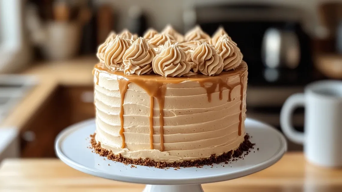 Homemade caramel coffee buttercream cake with drizzled caramel topping
