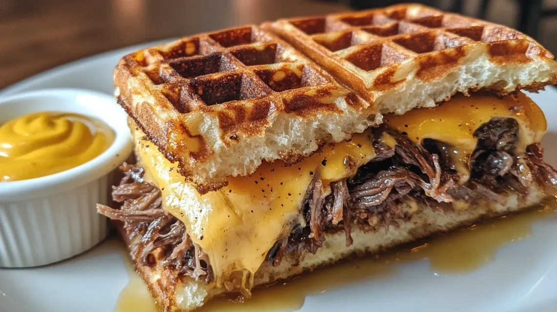 Bourbon-maple brisket grilled cheese waffle sandwich cut in half showing melty cheese