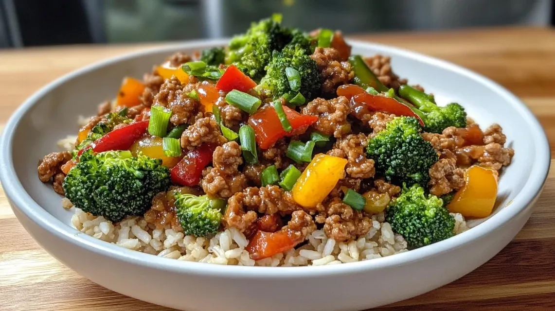 Raw ingredients for high protein ground turkey stir-fry with vegetables