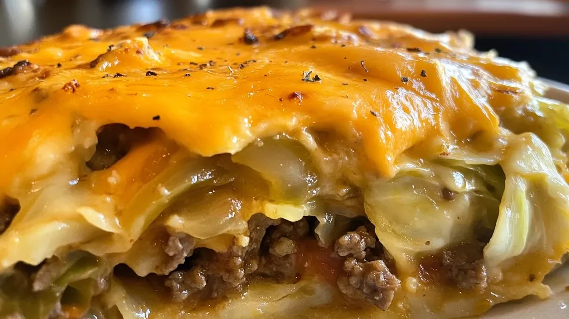 Bubbling Cheesy Cabbage Beef Casserole fresh from the oven